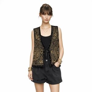 Vintage Black Gold Beaded Embroidered Vest M Whimsigoth Boho Festival by effeci